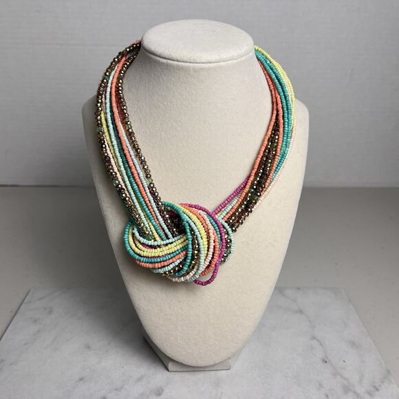 Beaded Statement Necklace Seed Bead Knot Boho Multicolor Jewelry 17 - 20" - Picture 4 of 14